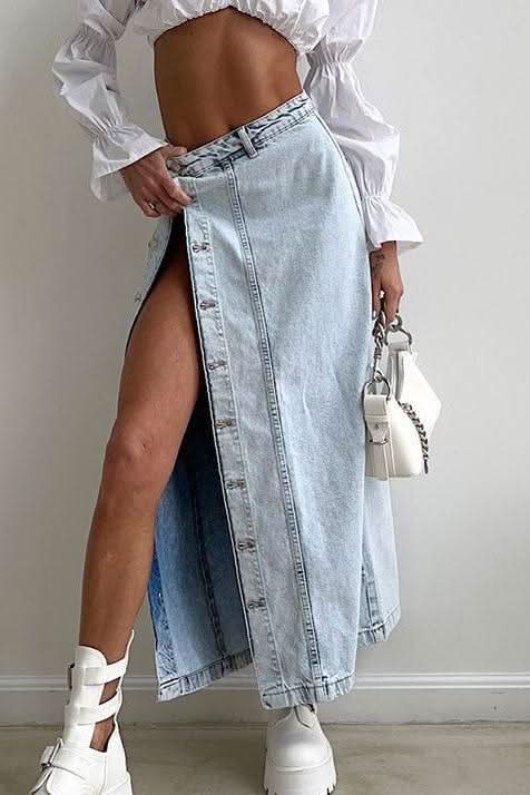 American retro slit denim long skirt - Front View