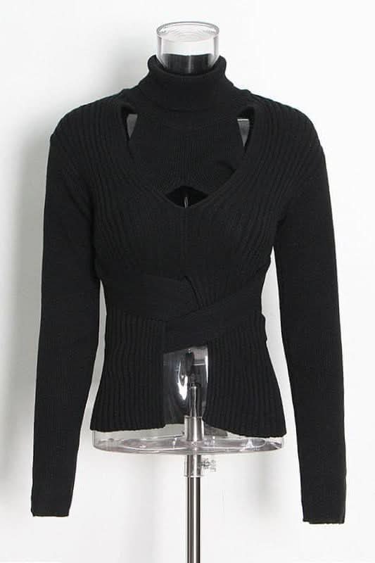 Hollow high neck tie elastic slim short sweater - Image 4