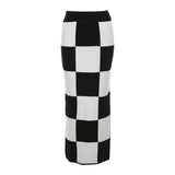 High waist slim slit bag hip checkerboard skirt.