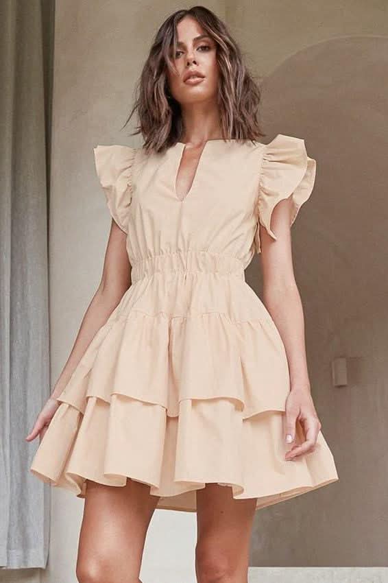 Hollow cake skirt U-neck lotus leaf sleeves cotton dress - Side View