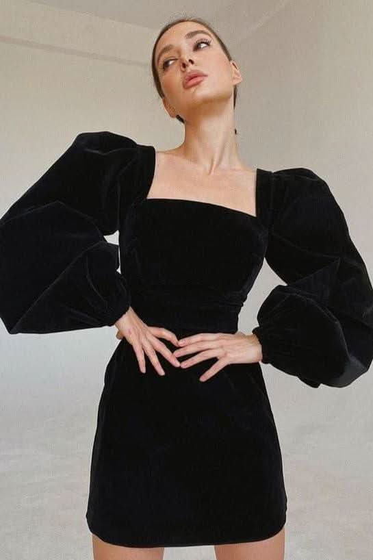 Black puff sleeves velvet dress - Front View