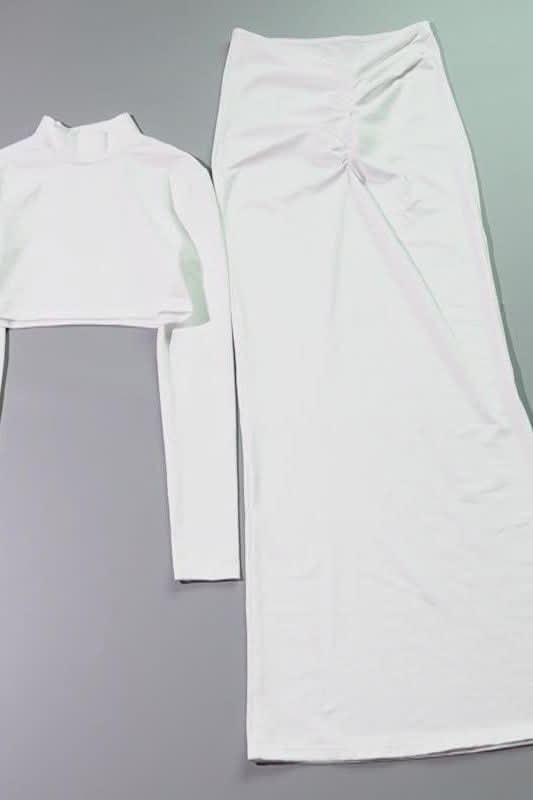 Casual Long Sleeve Stand Collar Long Skirt Suit - Image 5