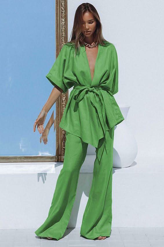 Cotton linen short-sleeved two-piece suit - Front View