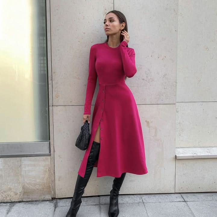 American waist slimming long-sleeved milk silk dress - Front View