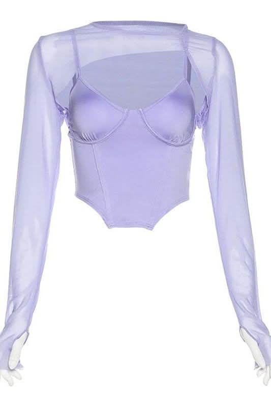 Round neck long-sleeved mesh short T-shirt - Image 5
