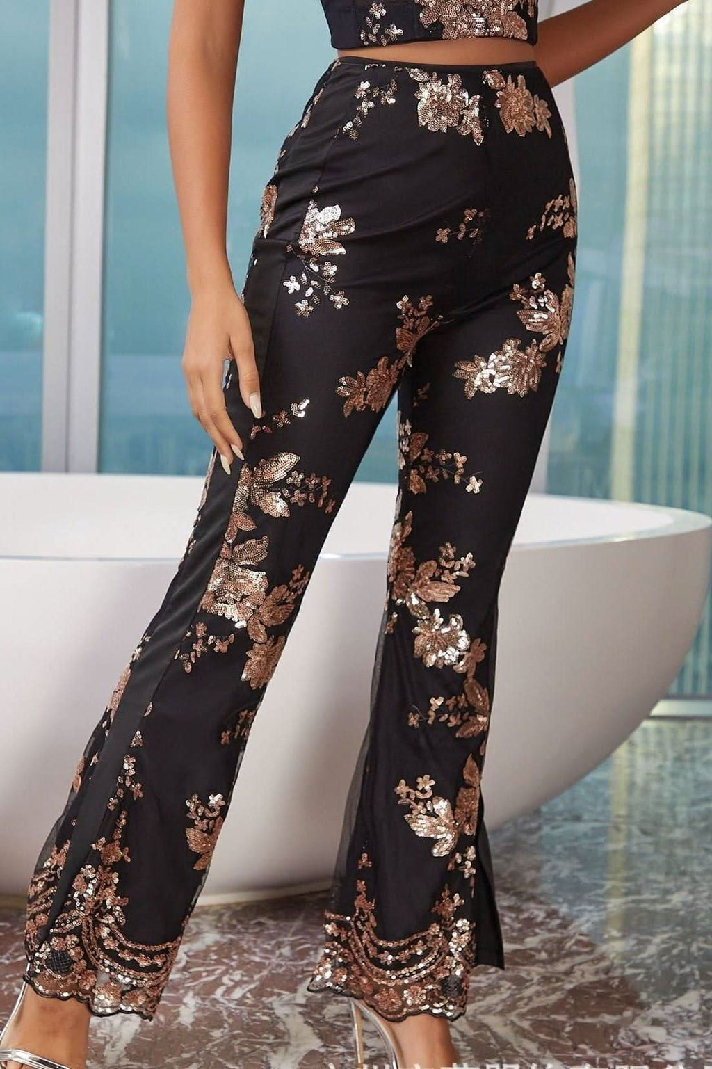 Sequins embroidered slim slits flared pants - Side View