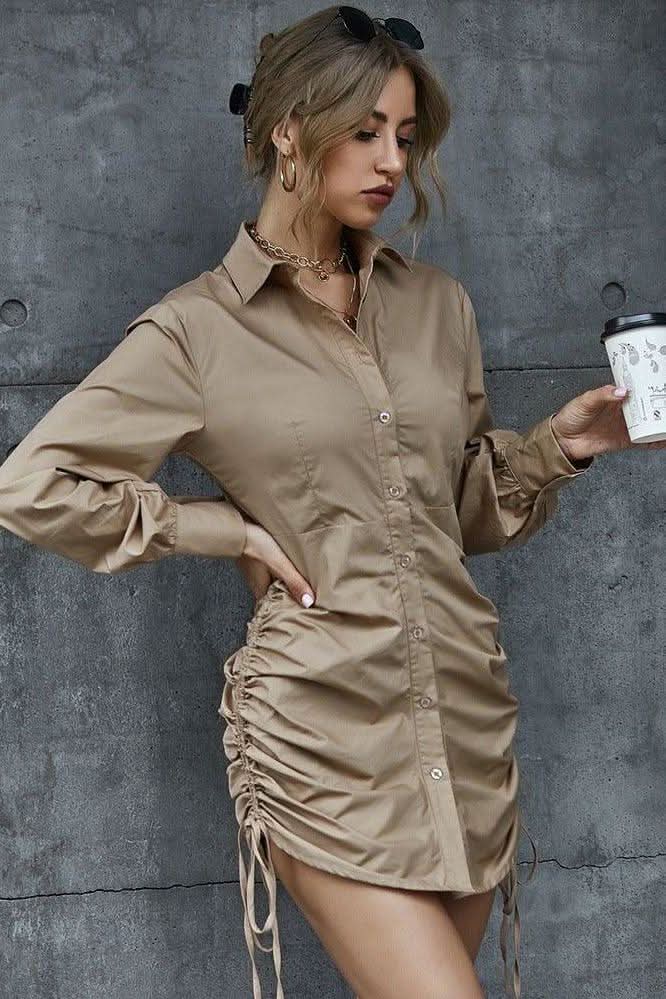 Shirt dress V-neck side pleated lace-up dress - Image 5