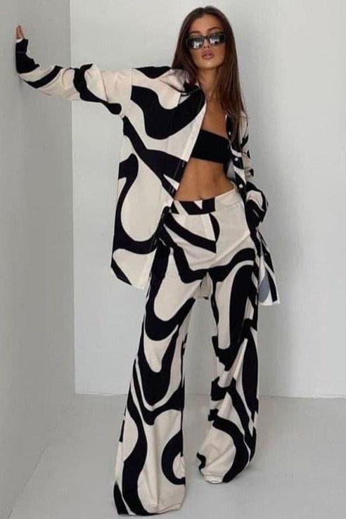 Two Piece Printed Wide Leg Pants and shirt.