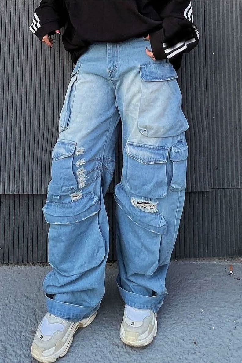 Big pocket old gradient ripped jeans - Front View