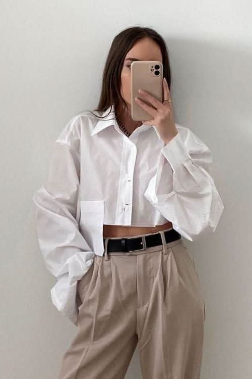 Cropped navel short white shirt - Detail