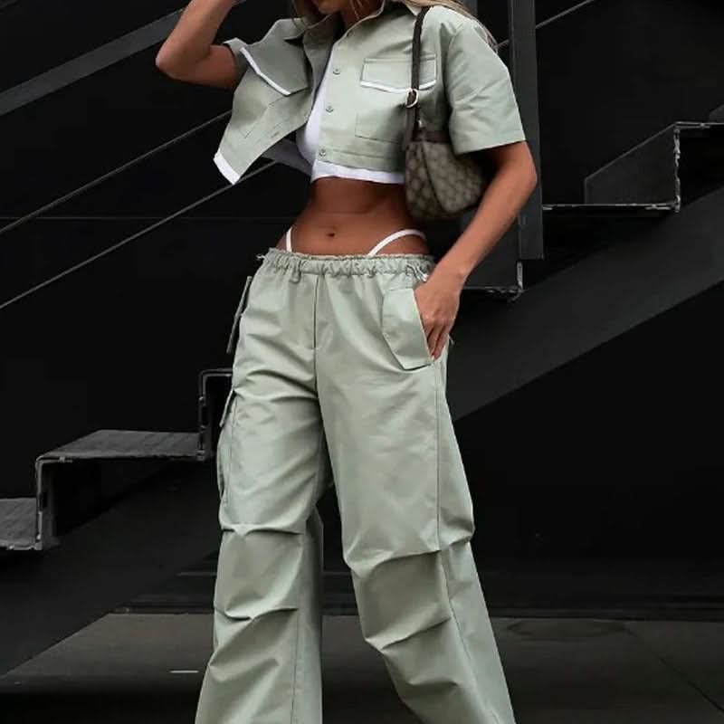 Parachute pants and an ultra-short shirt outfit. - Front View