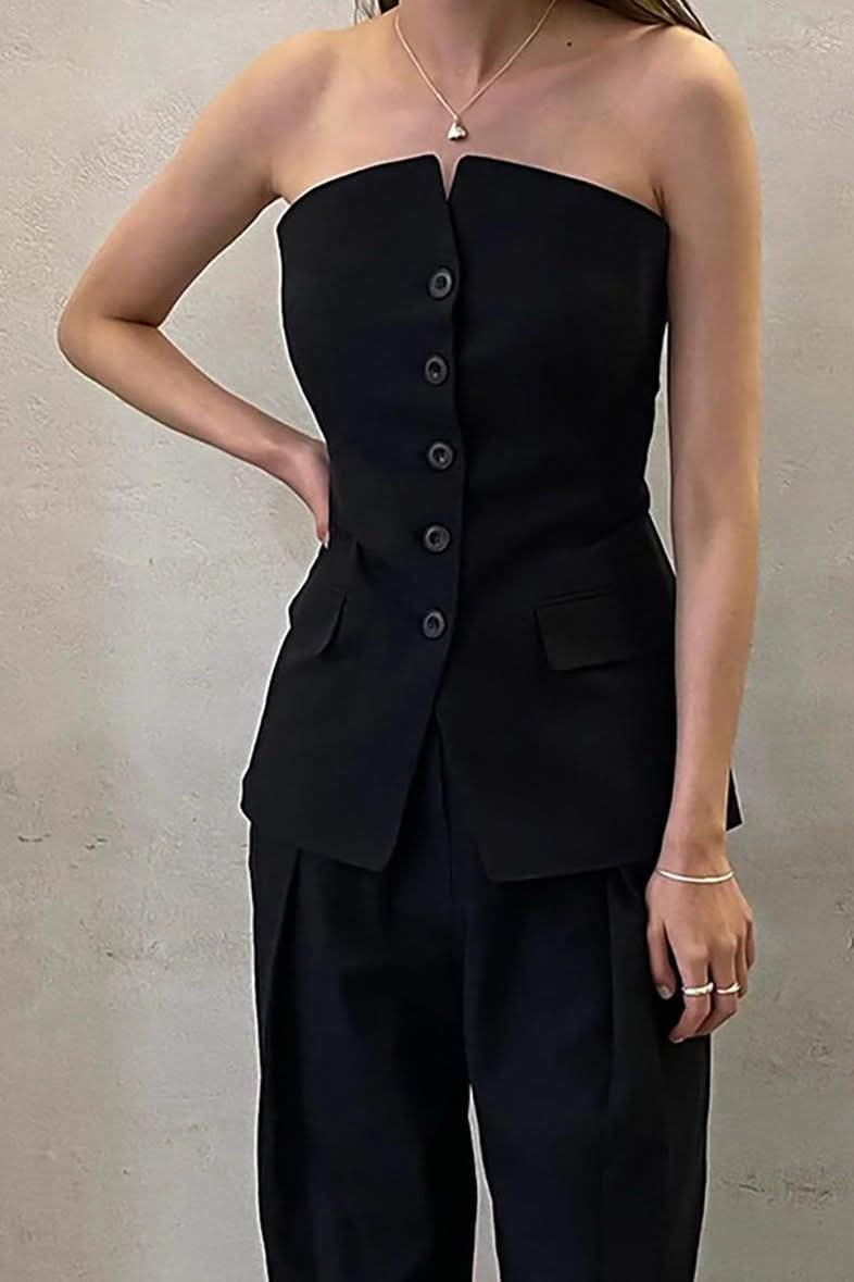 Black Sleeveless long Vest - Side View