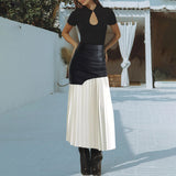 Pu leather stitching pleated skirt