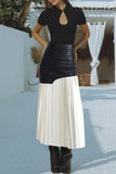 Pu leather stitching pleated skirt