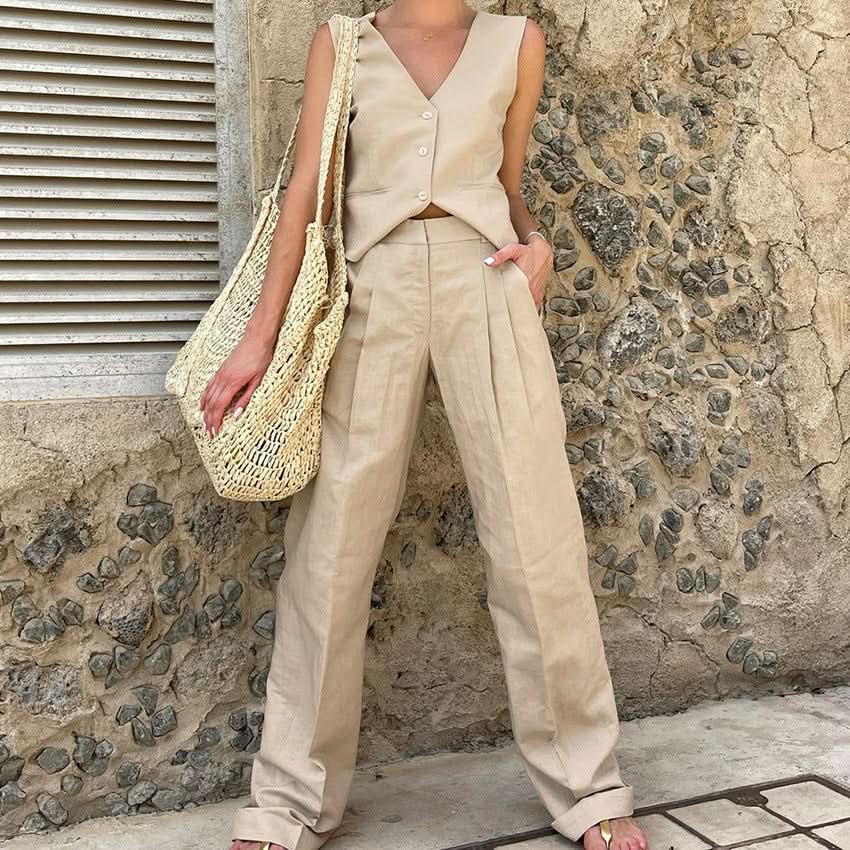 Cotton Linen Sleeveless Vest Suit - Image 5