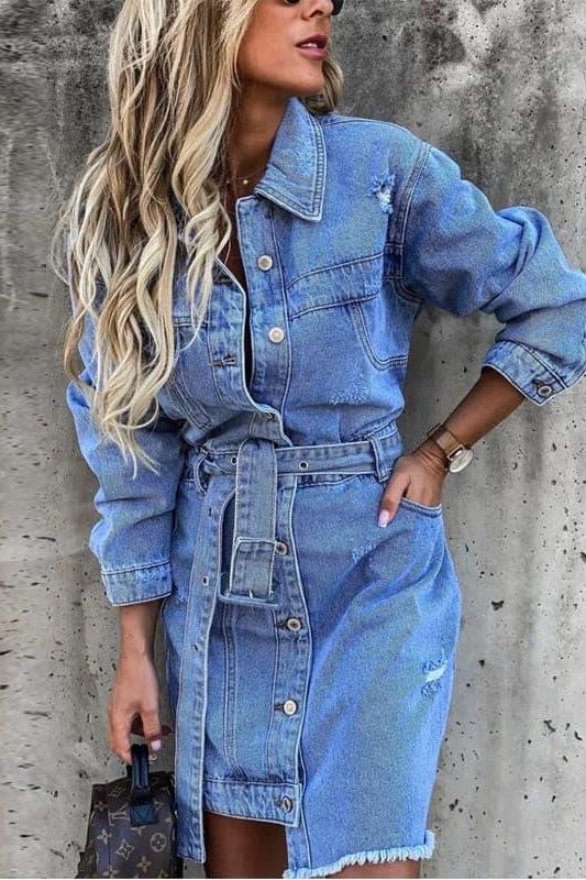 Sexy denim belt pocket slim dress.