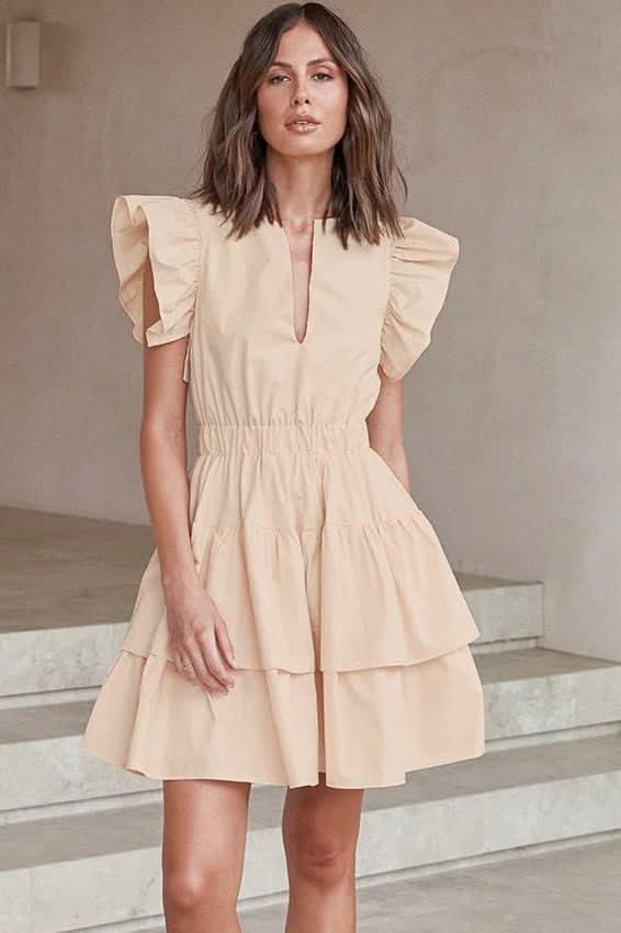 Hollow cake skirt U-neck lotus leaf sleeves cotton dress - Image 4