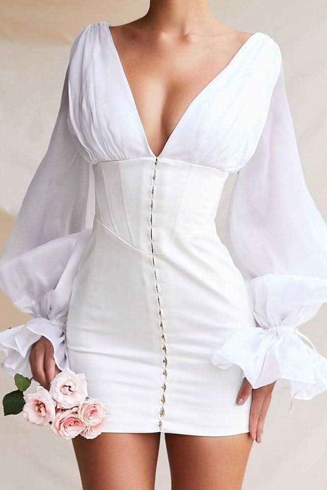 Lantern sleeves deep V waist white slim dress.