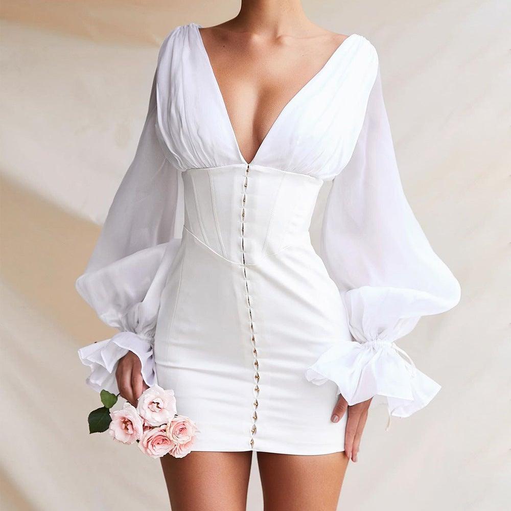 Lantern sleeves deep V waist white slim dress.