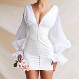 Lantern sleeves deep V waist white slim dress