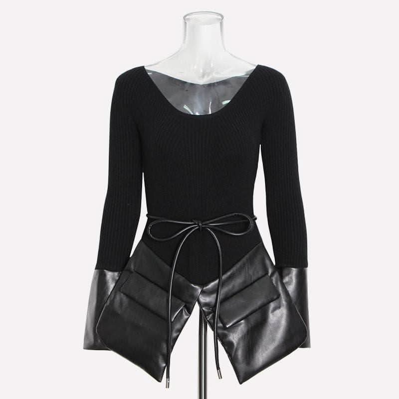 Irregular stitching knitted leather round neck slim sweater - Image 9