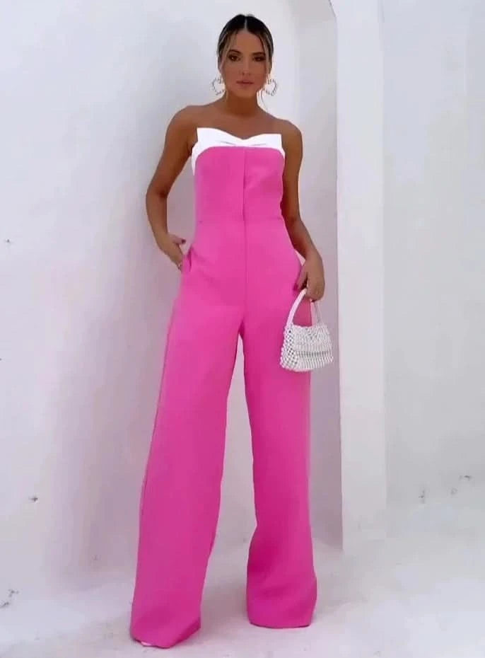 Pink sleeveless tube top loose wide-leg jumpsuit - Front View