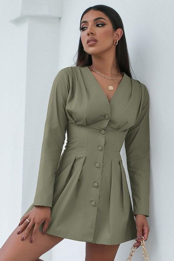 V-neck fold waist button shirt dress - Detail
