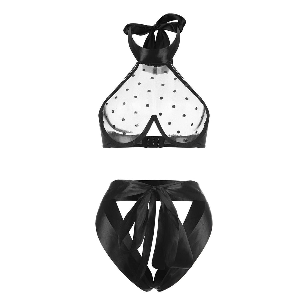 Mesh buckle neck wrap chest + hollow panties set - Detail