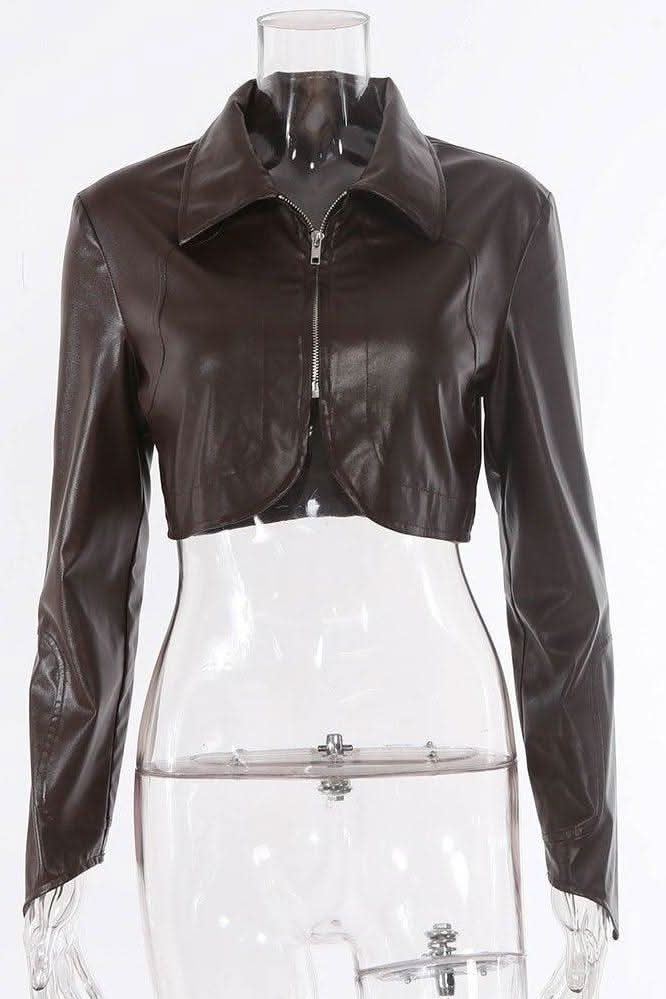 Style PU leather windbreaker lapel short dress & jacket.