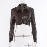 Style PU leather windbreaker lapel short dress & jacket.