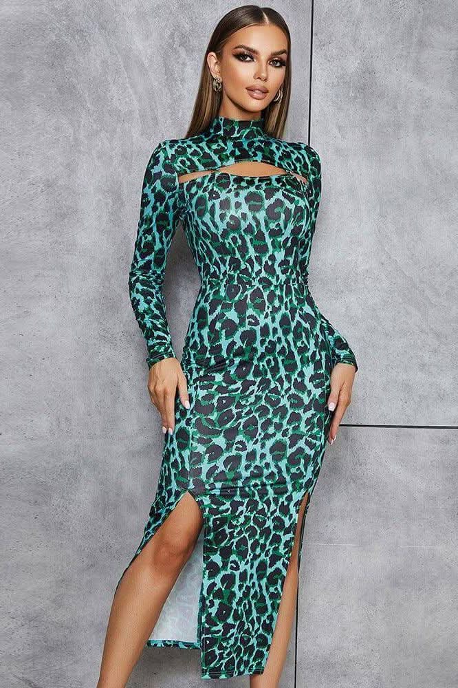 Hollow Leopard Print Thin Body-fitting Long Bandage Dress - Image 5