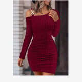 Off-shoulder slanted collar tight  dress