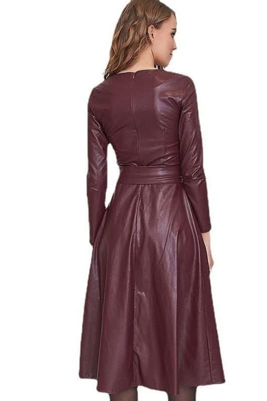 Simple round neck slim PU leather belt dress - Image 11