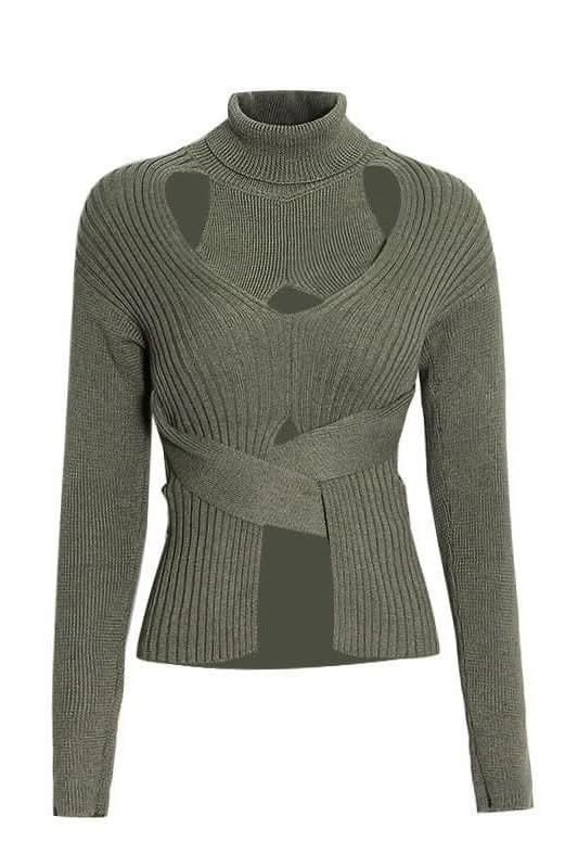 Hollow high neck tie elastic slim short sweater - Image 5