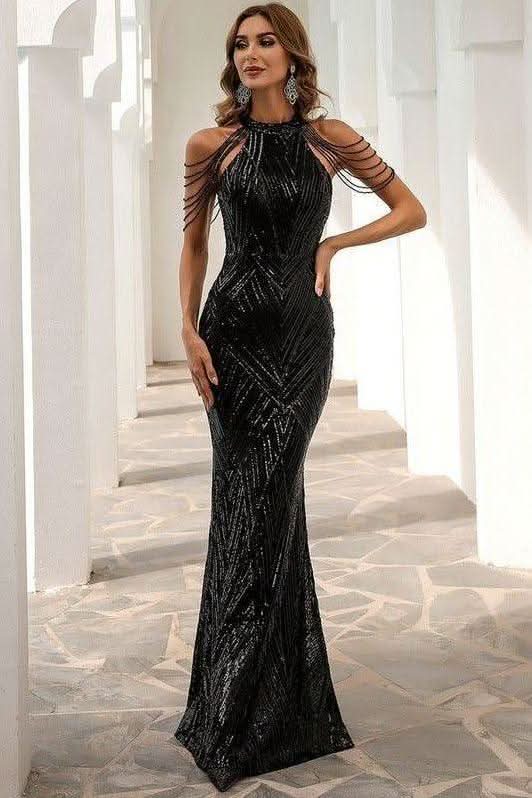 Tassel sequin host fishtail long slim dress - Side View