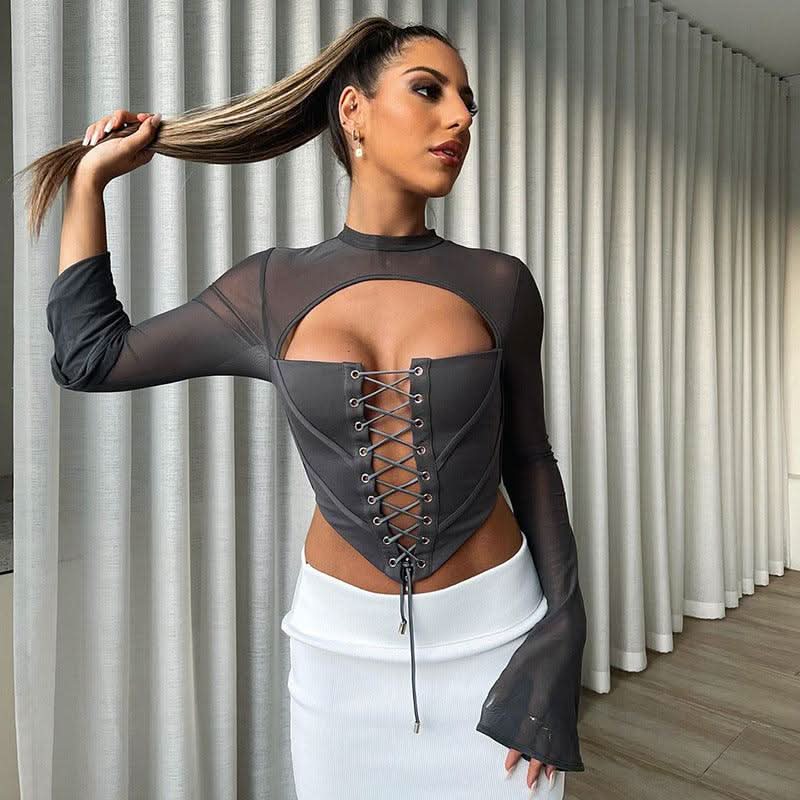 Round Neck Long Sleeve Backless Strappy Mesh Bodycon Top - Detail