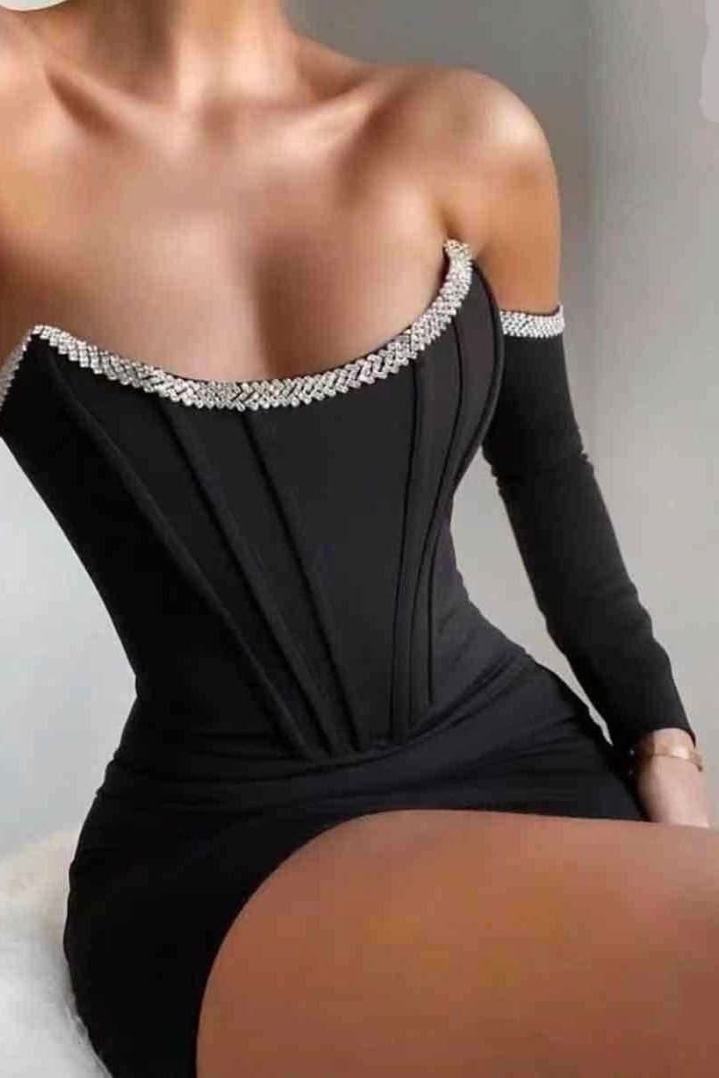 Rhinestone suspender tight mini dress - Detail