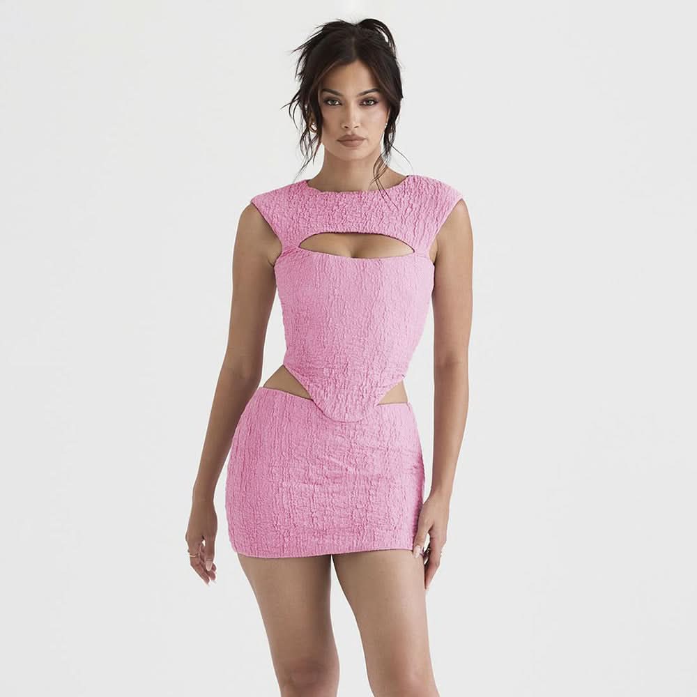 Hollow waistless pink two-piece set - Side View
