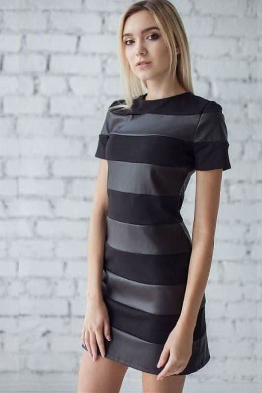 PU leather stitching stripes slim dress - Side View