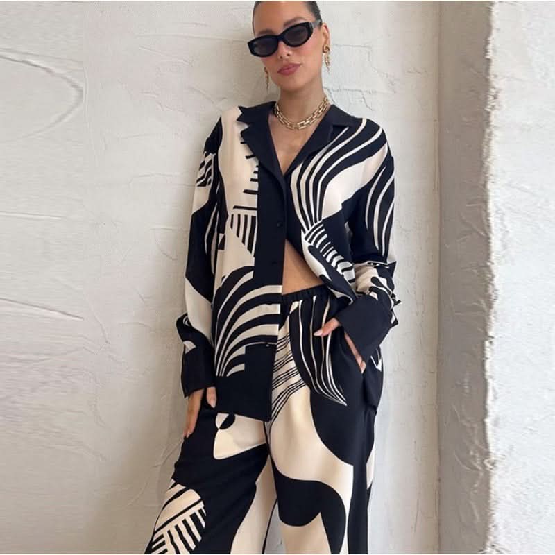 Casual printed loose wide-leg pants suit - Front View