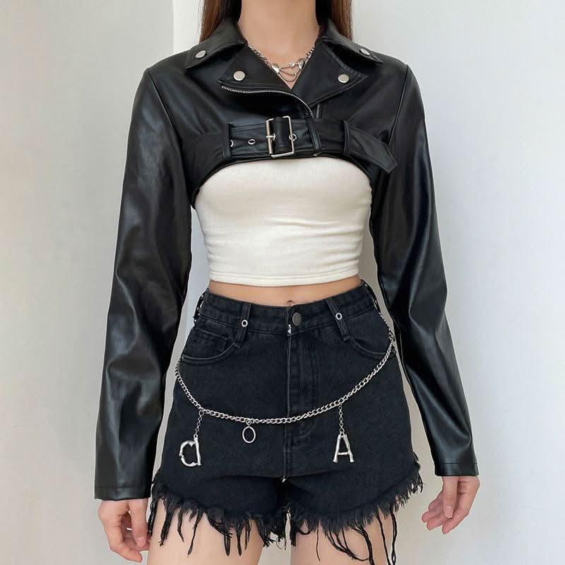Ultra Short motorcycle style PU leather jacket - Front View