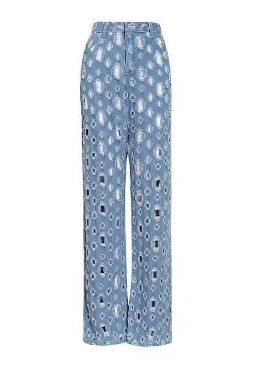 Street trendy ripped hole raw edge jeans - Front View