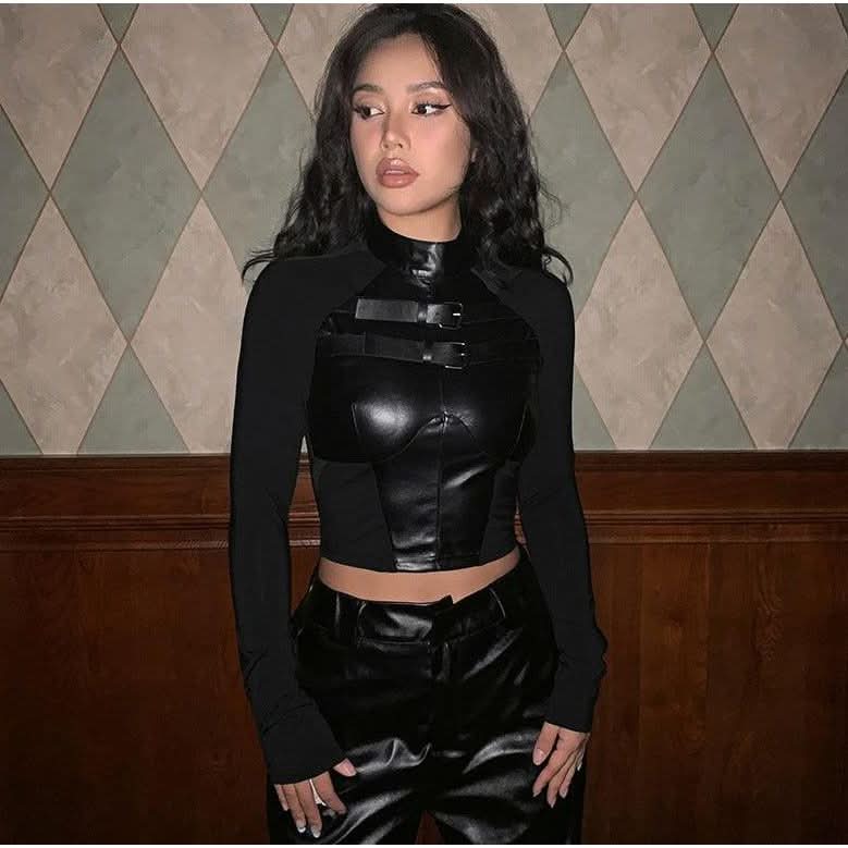 Street Motorcycle Style PU Leather Mesh Stitching T-shirt - Front View