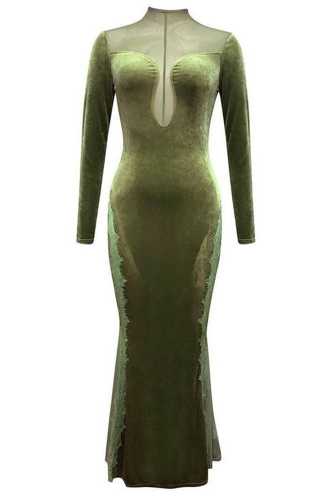 Velvet splicing mesh slim long-sleeved dress - Image 7