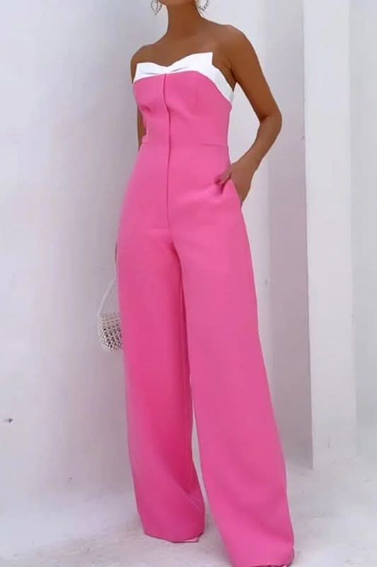 Pink sleeveless tube top loose wide-leg jumpsuit - Detail