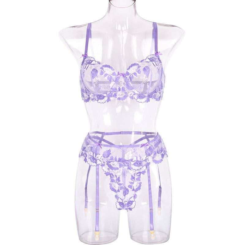 Purple lace garter belt three-piece set - Image 4
