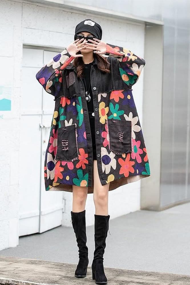 Printed spliced denim lapel jacket - Side View