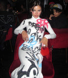 Graffiti Long Sleeve Cover Up Hip Tight Maxi Dress