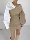 Knitted stitching fake two-piece slanted shoulder dress