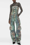 Street cargo jumpsuit and mid-waist tie-dye effect